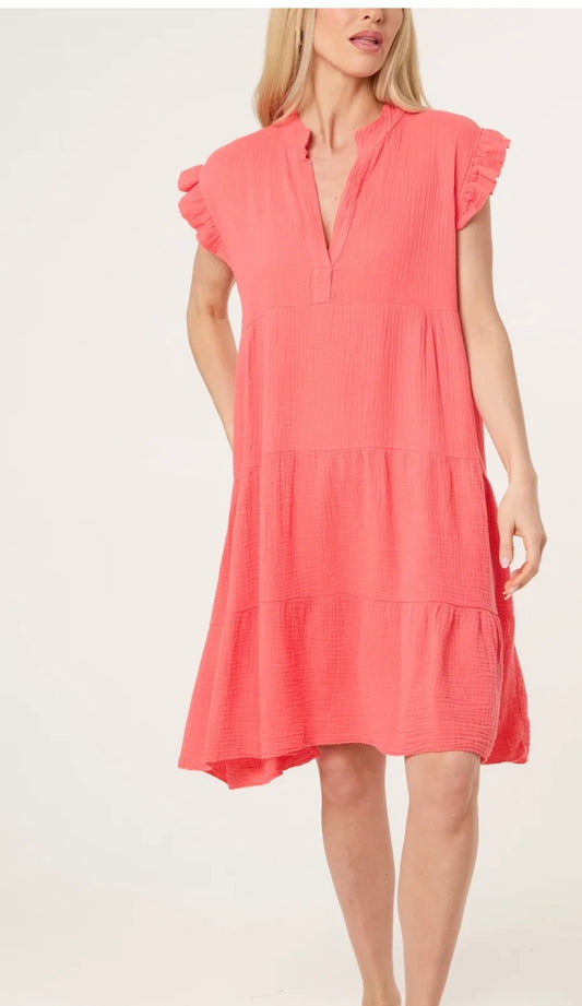 V NECK TIERED FRILL SLEEVE SUMMER DRESS