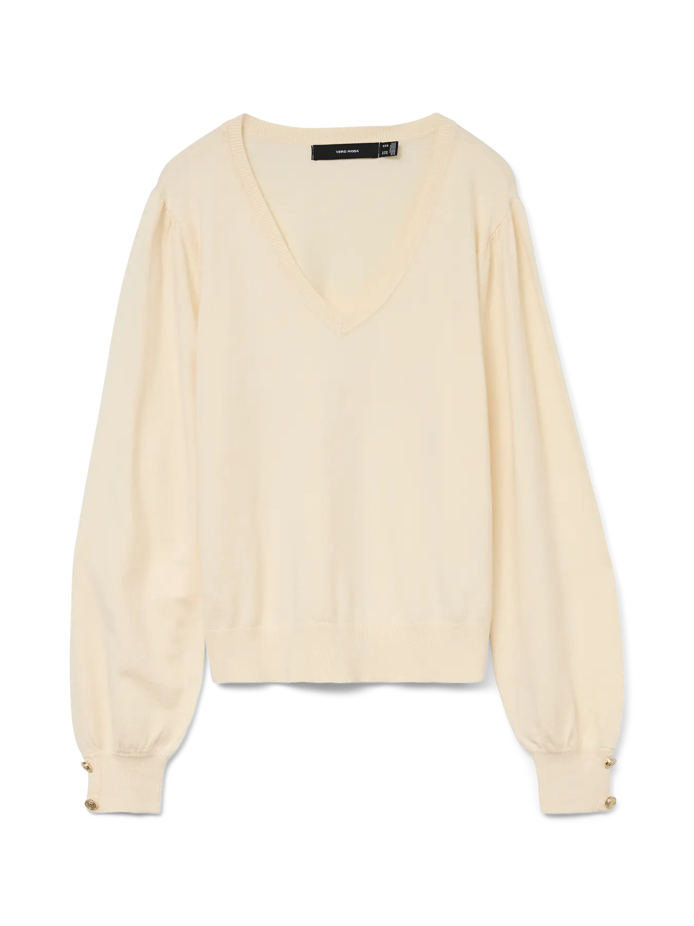 VERO MODA HOLLYKARIS LS V-NECK PULLOVER BIRCH / GOLD BUTTONS