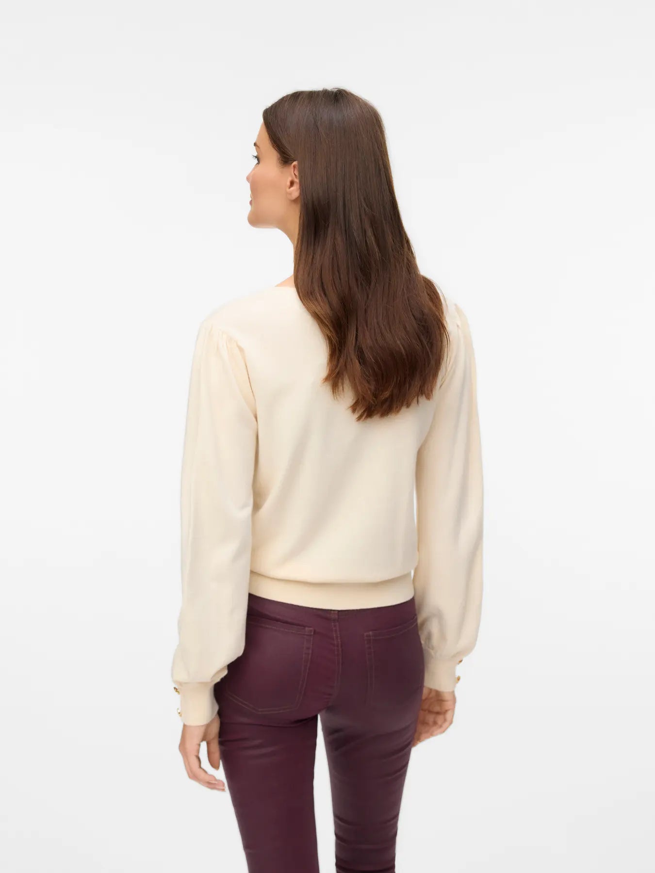 VERO MODA HOLLYKARIS LS V-NECK PULLOVER BIRCH / GOLD BUTTONS