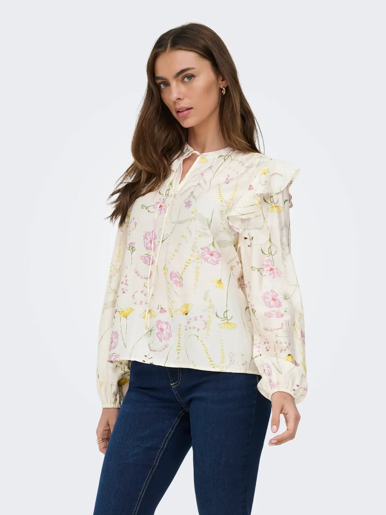 ONLY JEONA LS TIE TOP 15372496 CLOUD DANCER/GARDEN FLOWER