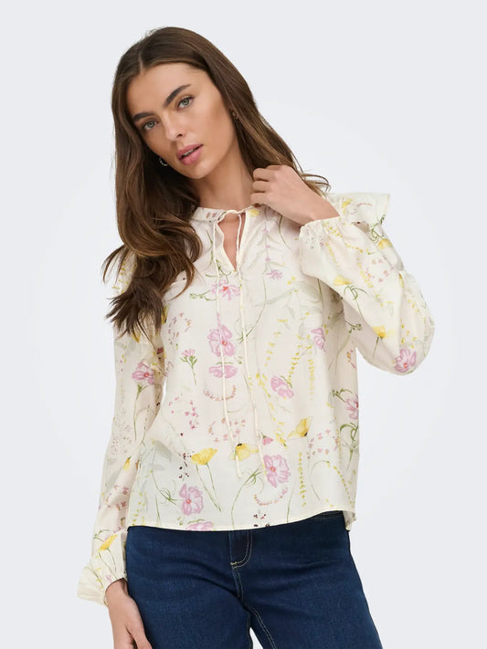 ONLY JEONA LS TIE TOP 15372496 CLOUD DANCER/GARDEN FLOWER