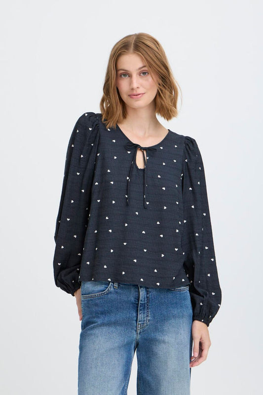 ICHI ELVA LONG SLEEVE BLOUSE BLUE /WHITE HEARTS 20124618