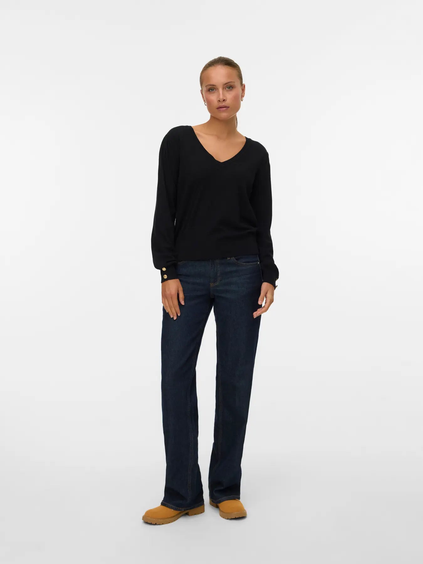 VERO MODA HOLLYKARIS LS V-NECK PULLOVER BLACK/GOLD BUTTONS