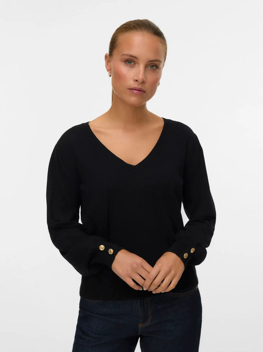 VERO MODA HOLLYKARIS LS V-NECK PULLOVER BLACK/GOLD BUTTONS