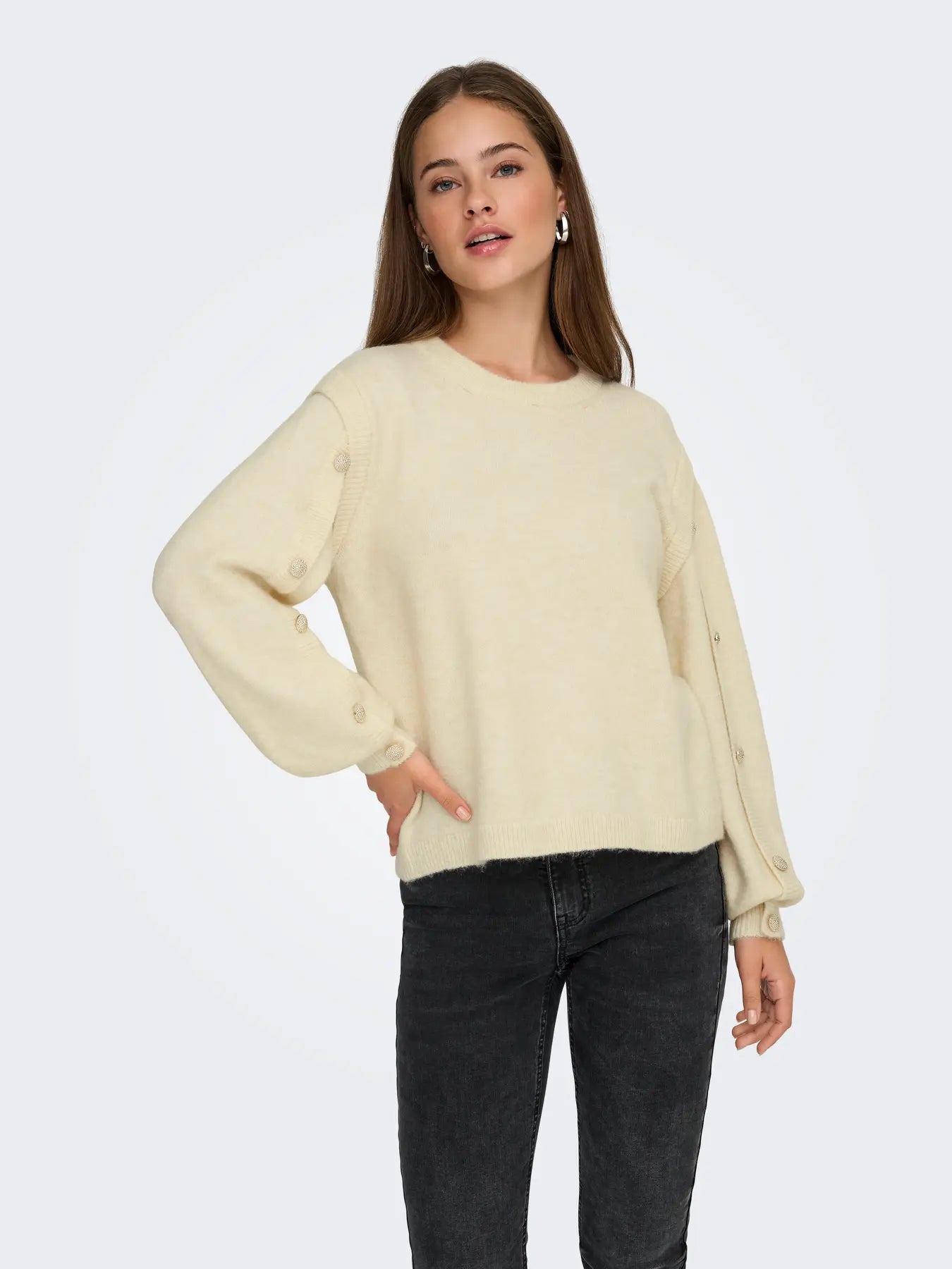 ONLRENE LIFE LS BUTTON DETAIL ONECK KNIT EGRET MELANGE