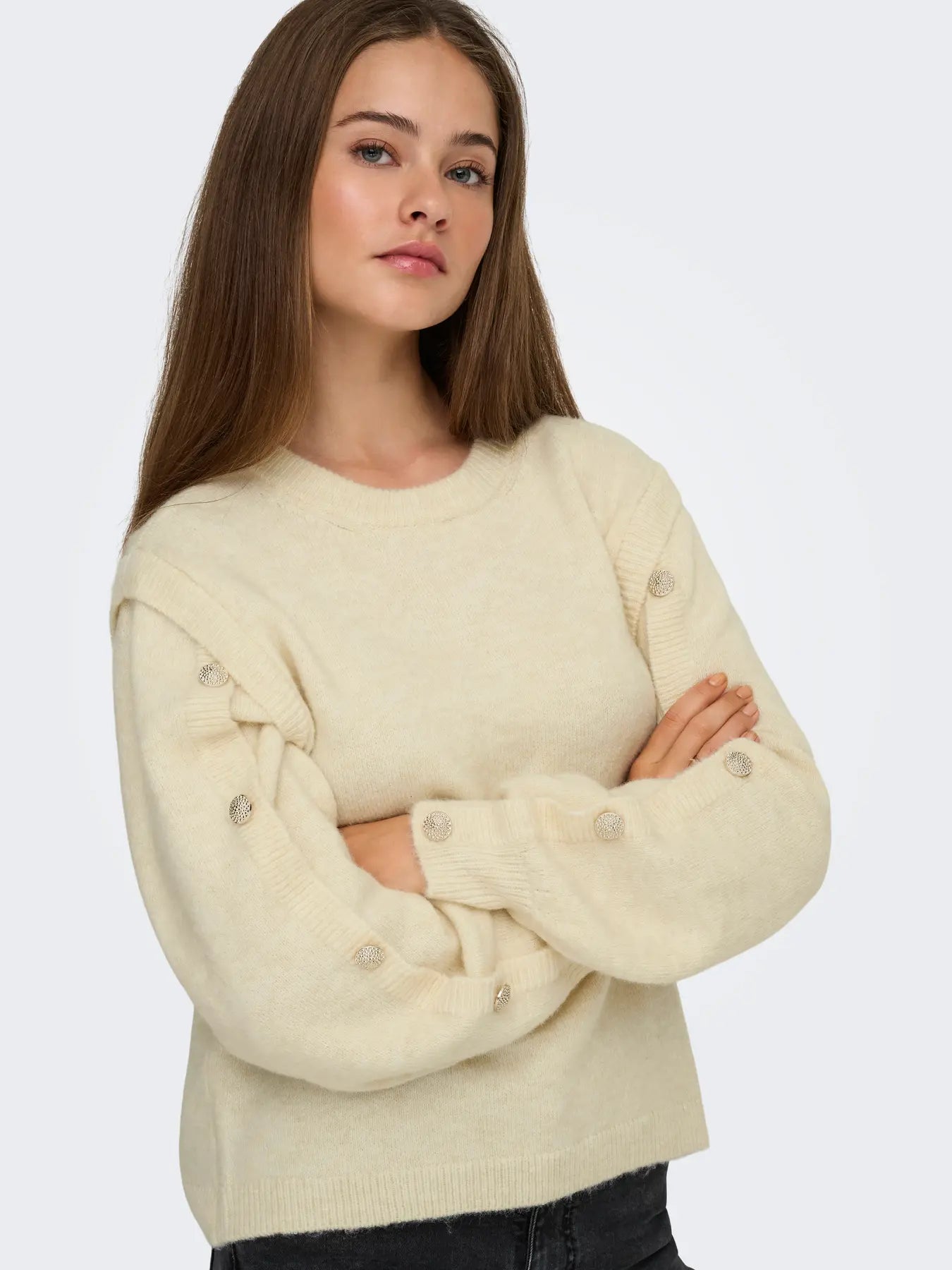 ONLRENE LIFE LS BUTTON DETAIL ONECK KNIT EGRET MELANGE