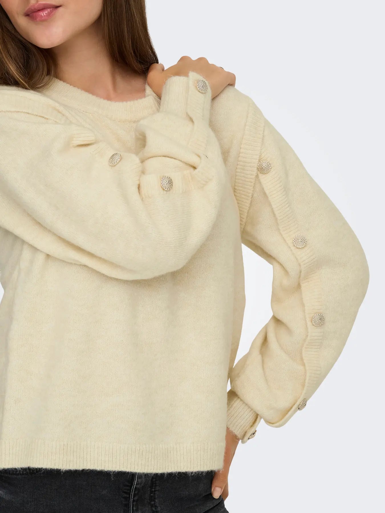 ONLRENE LIFE LS BUTTON DETAIL ONECK KNIT EGRET MELANGE